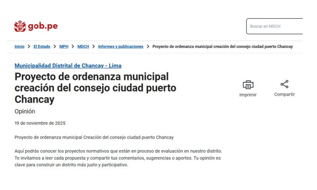 Municipalidad de Chancay publica el proyecto de Ordenanza Municipal para la creación del Consejo Ciudad Puerto de Chancay